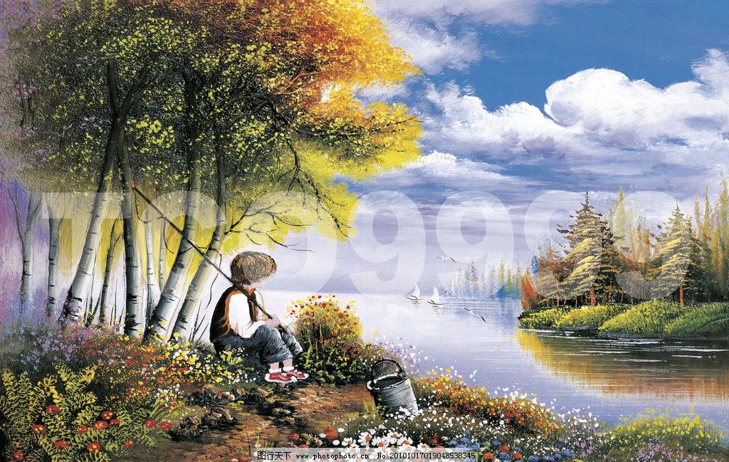 油画 田园风光 风景人物油画(91x61厘米) 人物油画 蓝天 白云 树林 树木 红叶 小湖 湖水 倒影 天鹅 草地 花朵 小男孩 钓鱼 鱼杆 木桶 手绘 装饰画 无框画 屏风 壁挂 大图 高清晰 写真 喷绘 印刷 肌理 效果 抽象 清晰油画 绘画书法 文化艺术 设计