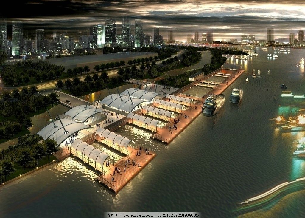 滨河带效果图 滨河带 夜景        广场 商业 长廊 壮观 设计 3d 景观