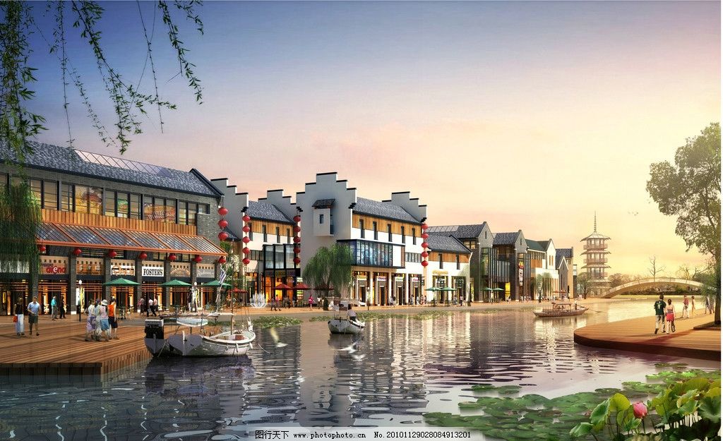 沿河商业透视图 商业街 沿河 透视图 中式建筑 环艺 3d 景观