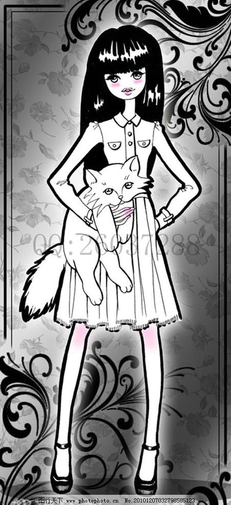 图片花纹卡通,女孩图片漫画黑白时尚猫连衣动漫女v图片图片
