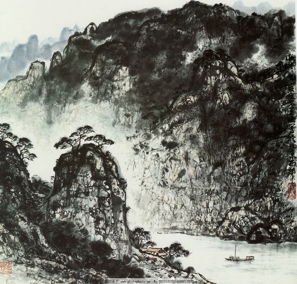 写意画 书法 大师作品 风景画 写意 山峰 河水 河流 小河 树木 水墨画