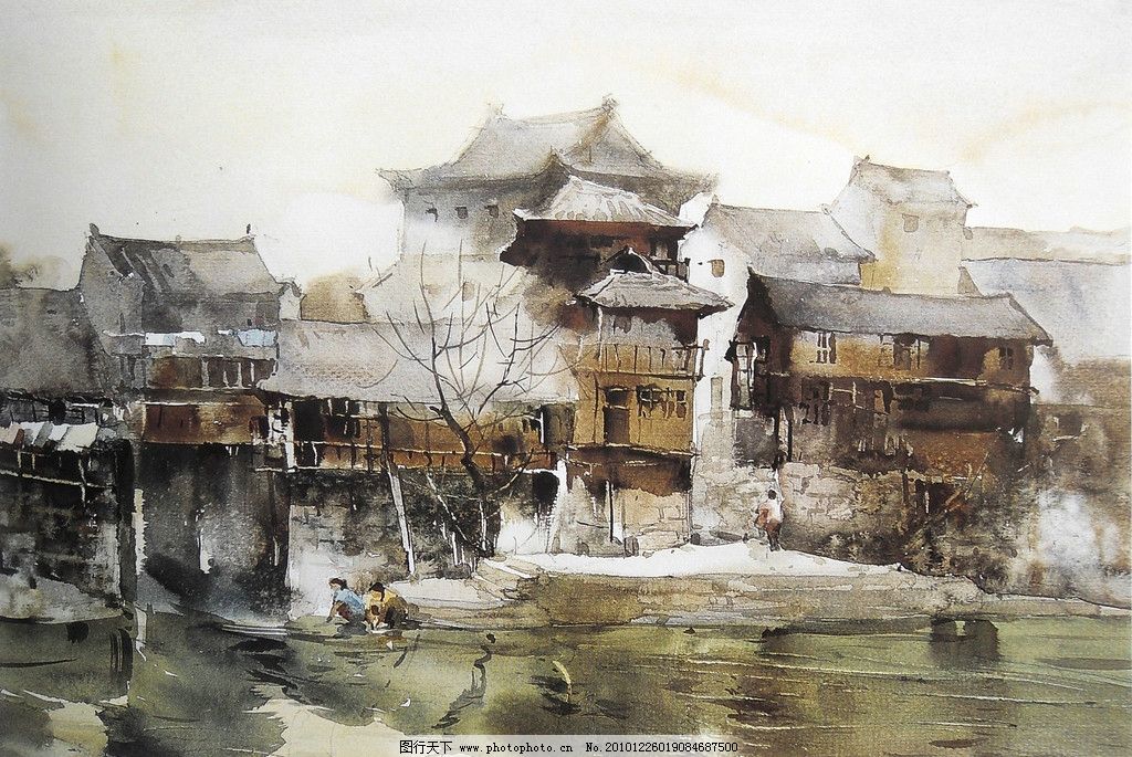 水彩画 水彩 风景 水彩风景画 民居 房屋 老房子 古朴