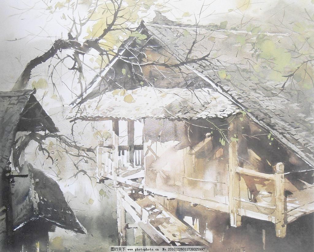 水彩画 春天 风景 绘画书法 老房子 树 树木 水彩画设计素材